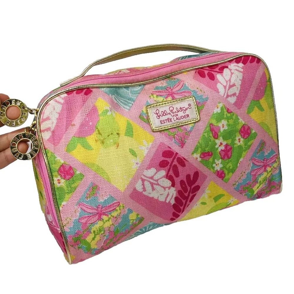Lilly Pulitzer Estee Lauder Makeup Bag Medium Size Cosmetic Handbag Gold Accent